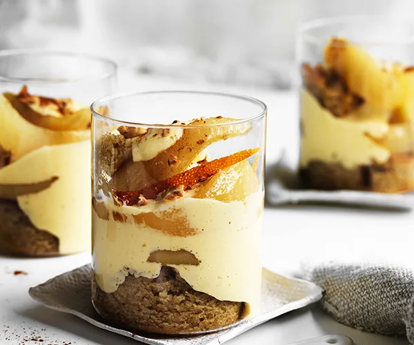 Warm pear and brandy winter trifle