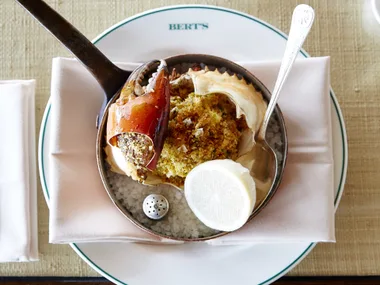 Hand-picked mud crab roasted Basque style at Bert's, Newport.