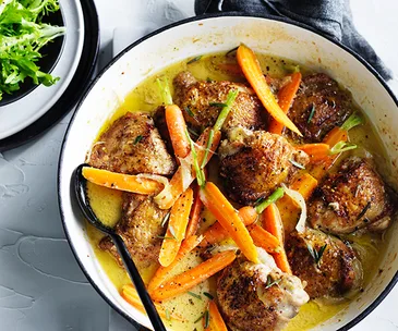 Rosemary mustard and brandy chicken with buttered carrot