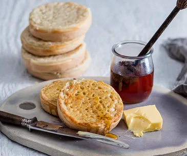 Dr Marty's crumpets with honey and butter