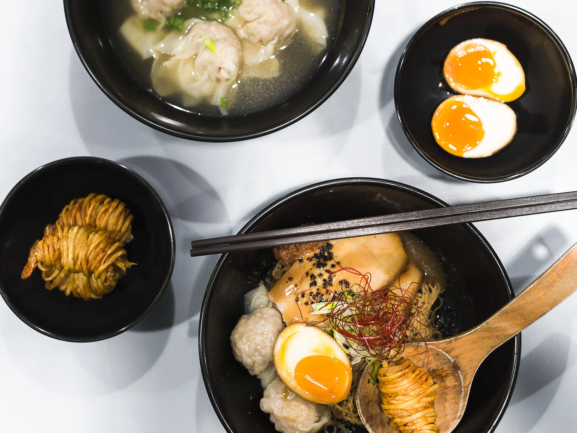Hong Kong-style wontons, Singapore-style ramen and potato-wrapped prawns at A Noodle Story, inside Amoy Street Food Centre