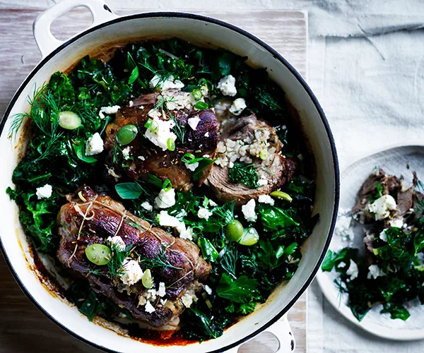 Roast lamb neck with kale, feta and dill-image