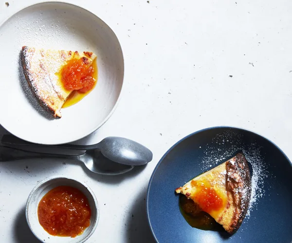 Baked ricotta pudding with mandarin, honey and chamomile compote