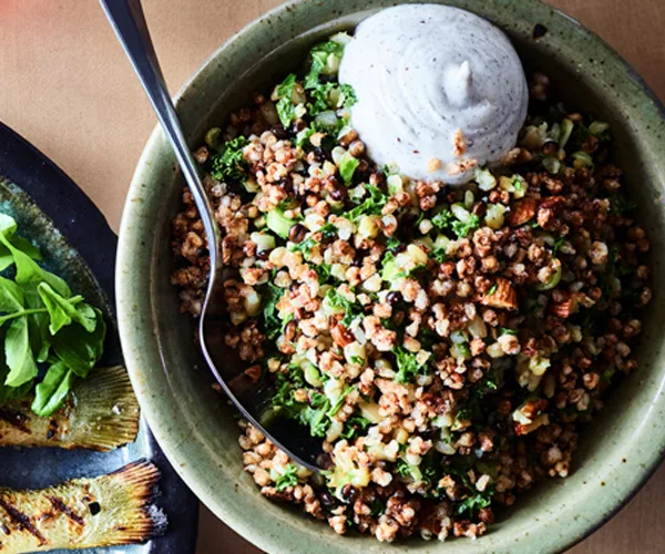Grains with kale, orange and labne