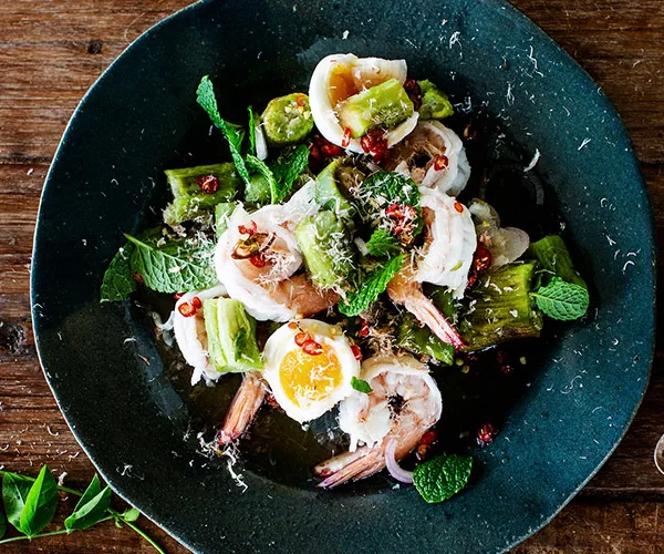 Grilled eggplant salad with prawns