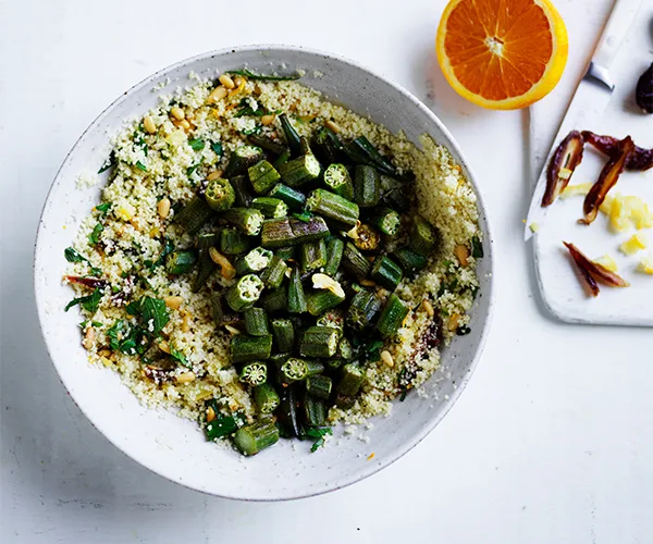 Couscous with roasted okra, dates and preserved lemon