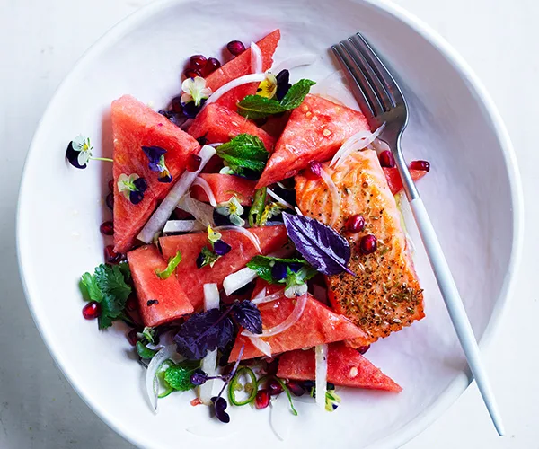 Ocean trout with watermelon, jalapeno and lime