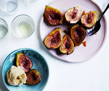 Glazed figs with salted caramel ice-cream