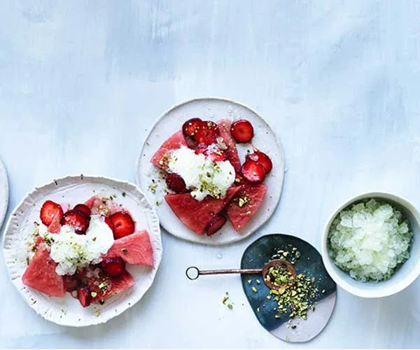 Watermelon and strawberry salad with crushed lime ice