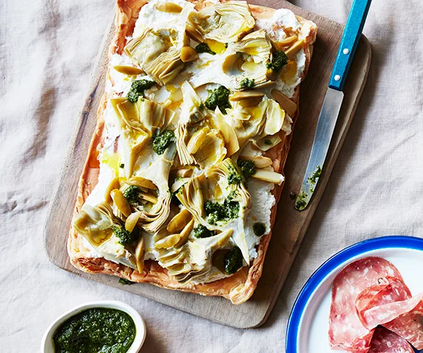 Artichoke and salted ricotta tart with salsa verde