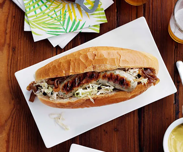 Weisswurst with beer-braised onion and soused cabbage