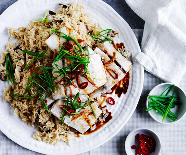 Steamed barramundi with shiitake mushroom rice