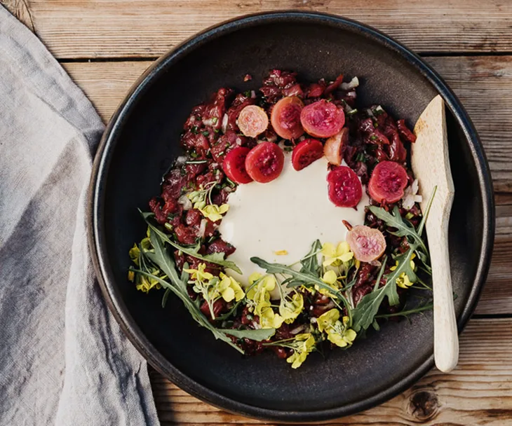 Wallaby tartare with anchovy dressing