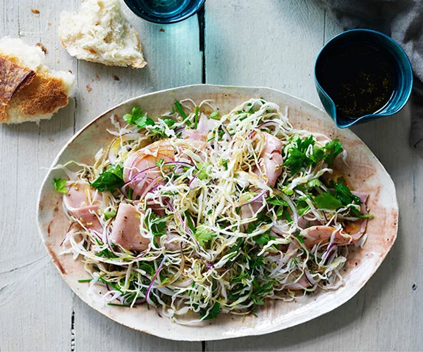 Shaved cabbage, fennel and ham salad