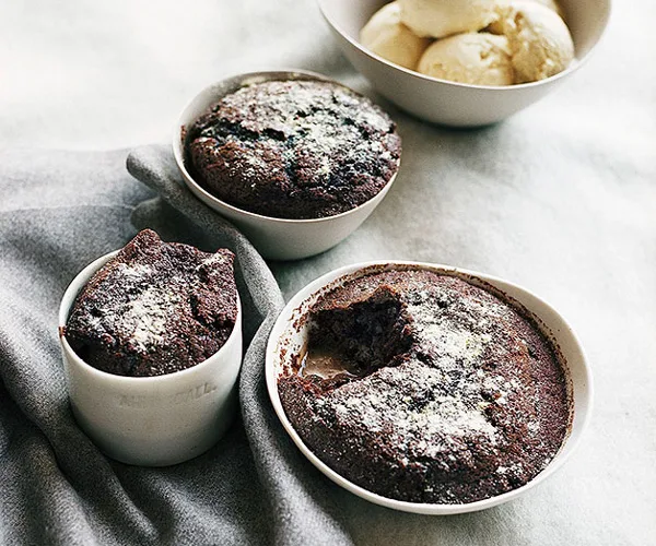 Choc-malt self-saucing pudding with malt ice-cream | Gourmet Traveller
