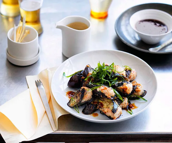 Hakka-style eggplant with prawn filling