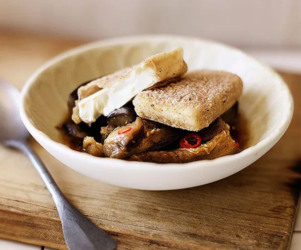 Salt-and-pepper tofu with braised eggplant