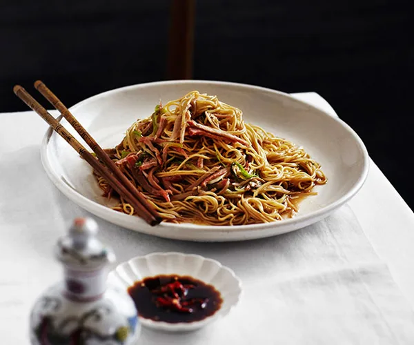 Char siu pork with egg noodles (keong chung cha siu lo mein)