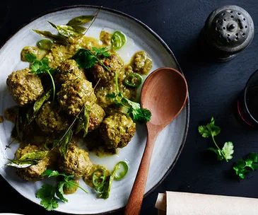 Lamb curry kofte with ginger pilaf and curry-leaf oil