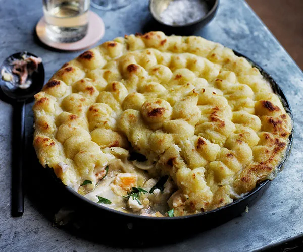 Fish pie with piped potato