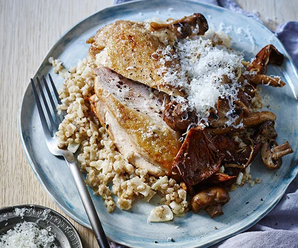 Chicken with buckwheat and mushroom risotto