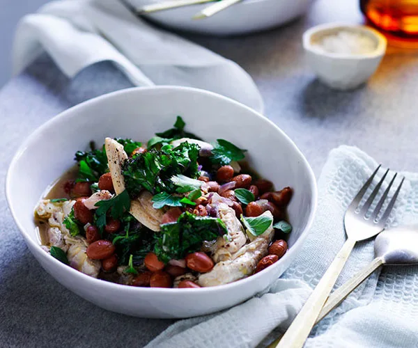 Braised chicken with pancetta, borlotti beans and kale