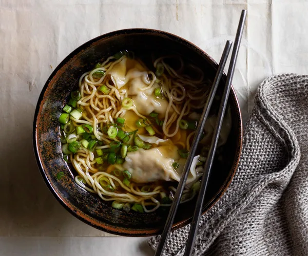 Chicken and chive dumpling soup