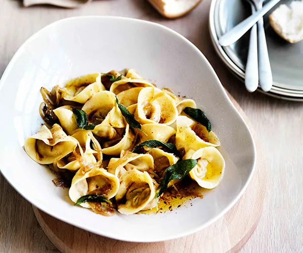 Roast pumpkin tortellini with amaretti, sage and onion