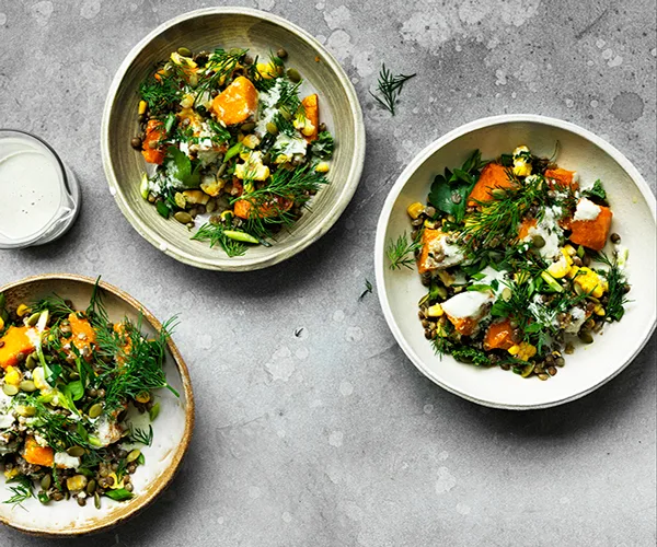 Caramelised pumpkin, corn and lentil bowl