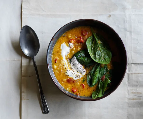 Split pea and coconut soup with yoghurt