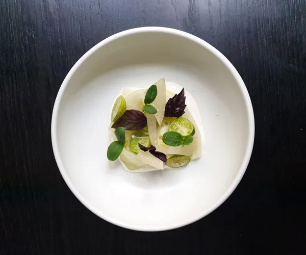 Bentley's apple cucumber, green kohl rabi, walnut and camel's milk curd