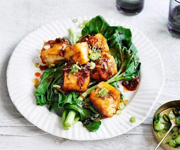 Tofu with chilli jam and spring onions