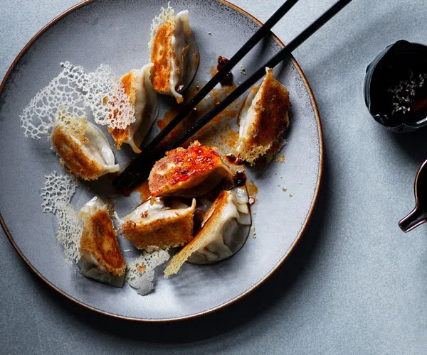 Pot-stickers with chicken, shiitake and chilli sauce