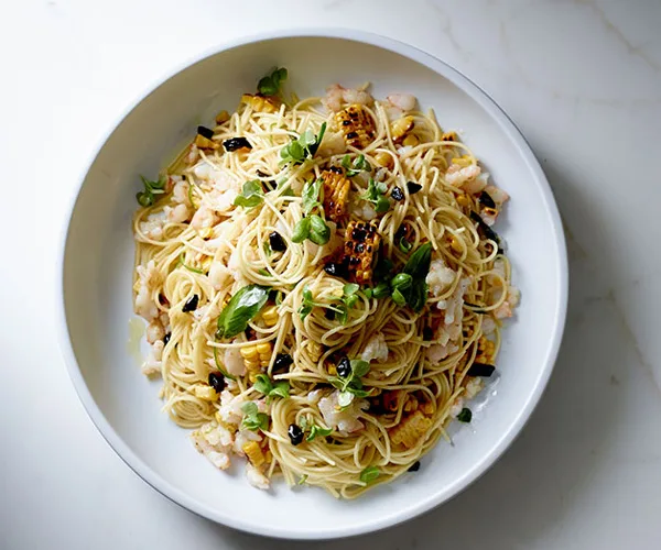 Spaghettini, prawns, charred corn, green chilli, black garlic