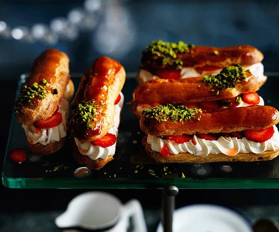 Crushed strawberry and pistachio &eacute;clairs