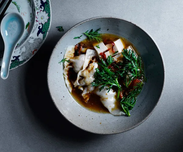 Duck wonton, tofu and chrysanthemum soup