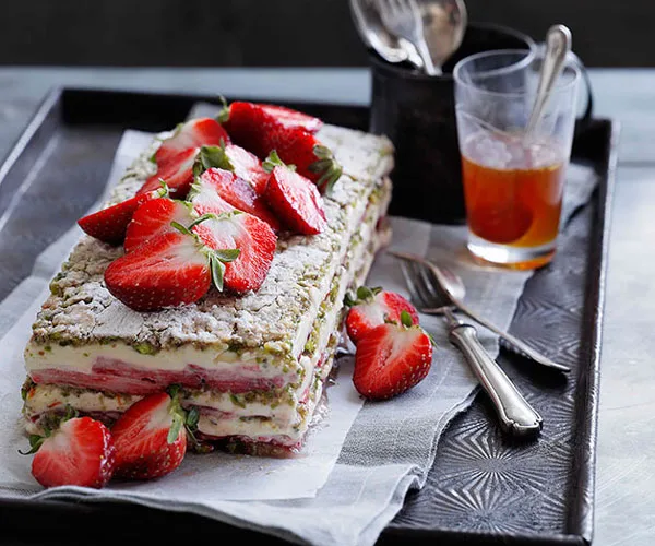 Strawberry, yoghurt and pistachio layer cake