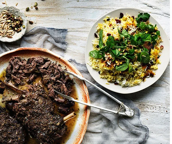 Iranian-style lamb shoulder with cranberry and pistachio spiced rice