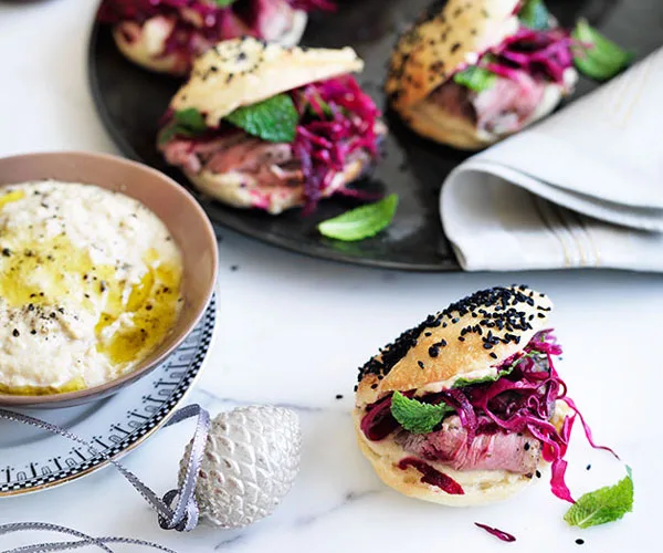 Pide rolls with roast lamb and beetroot