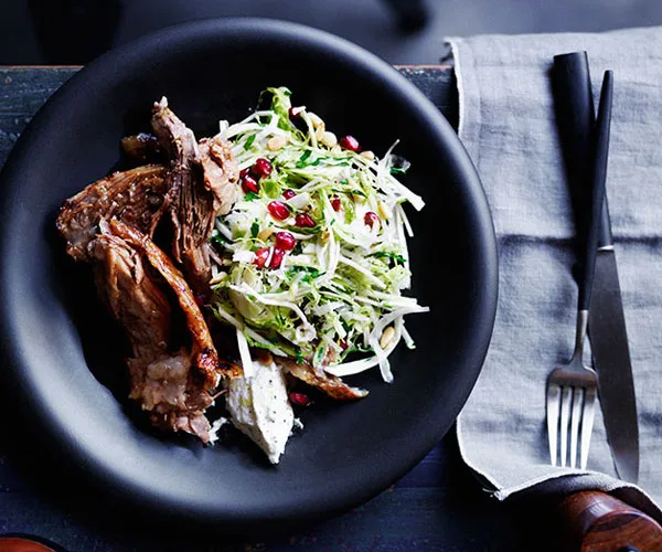 Slow-roasted lamb shoulder with Brussels sprout slaw