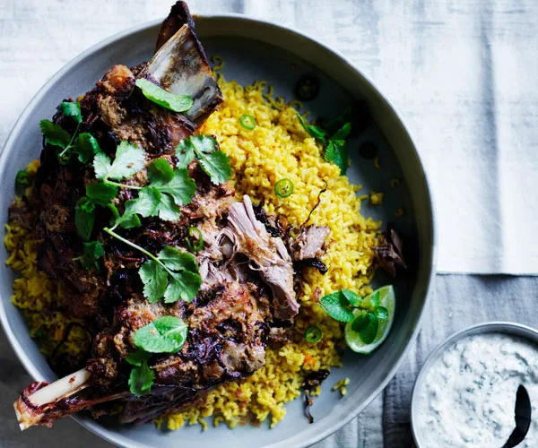 Twelve-hour Indian-spiced lamb shoulder with saffron pilaf