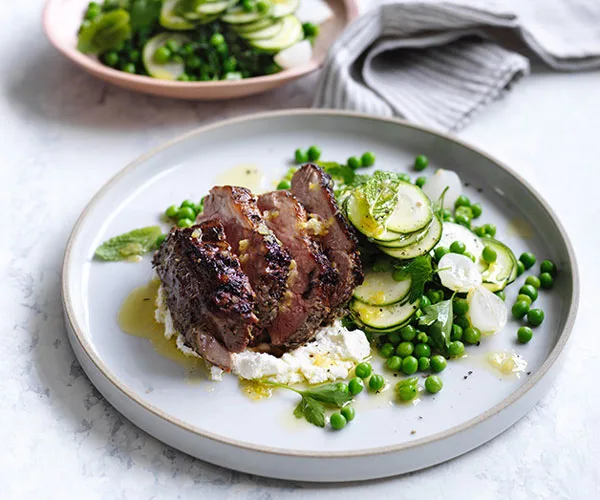 Lamb rump with zucchini, peas and mint