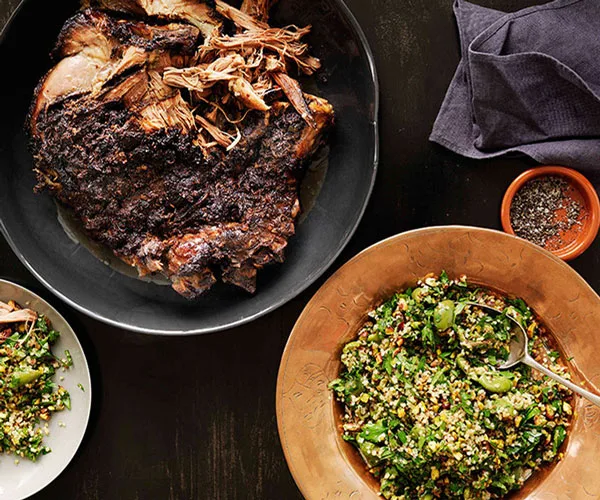 Shane Delia: 12-hour roast lamb with pistachio and green-olive tabbouleh