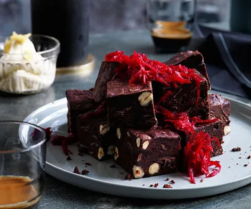 Beetroot brownies with ginger crème fraîche