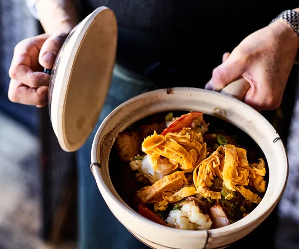 Lau's Family Kitchen's prawns and char siu with vermicelli in a claypot