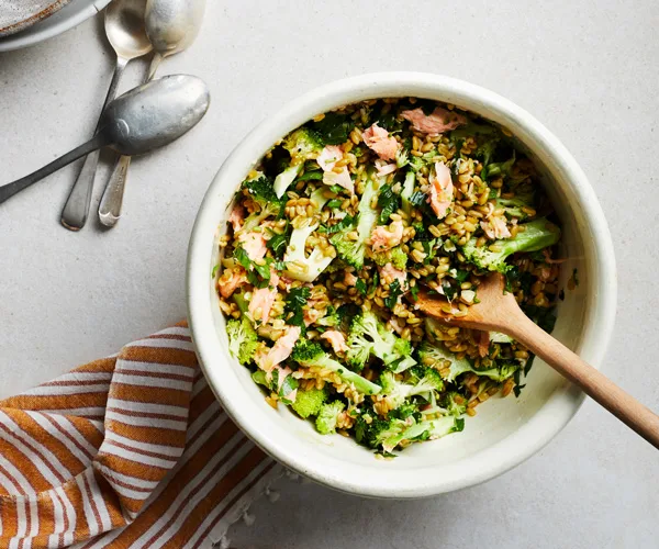 Farro, broccoli and smoked trout salad