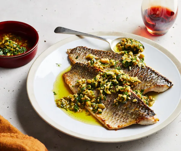 Roasted mullet with olive salsa