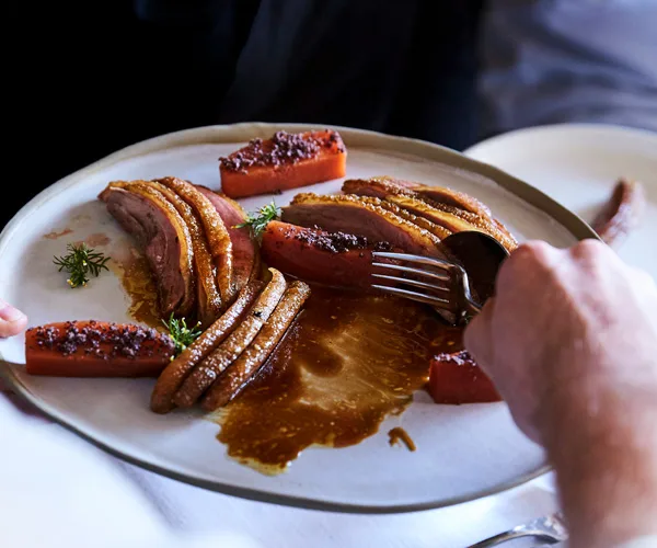 Cutler & Co's roasted duck breast with spiced quince, anise crumb and mead sauce