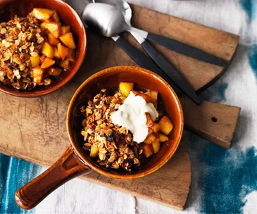 Baked apple, soy caramel, crumble and cream