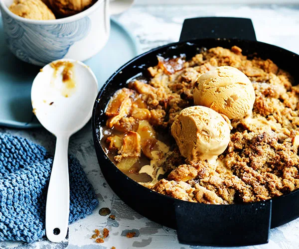 Spiced Fuji apple crumble with dulce de leche ice-cream